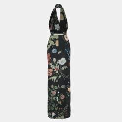 Gucci Black Floral Print Silk Halter Neck Slit Detail Maxi Dress S