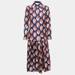 Gucci Navy Blue/Red Logo Motif Print Silk Shirt Skirt Set S