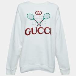 Gucci White Logo Embroidered Cotton Crew Neck Sweatshirt M