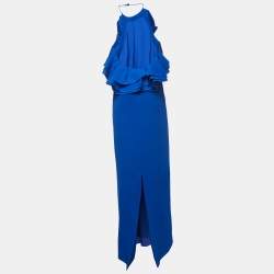 Gucci Blue Silk Ruffled Neck One Shoulder Maxi Dress M