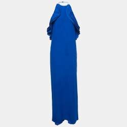 Gucci Blue Silk Ruffled Neck One Shoulder Maxi Dress M