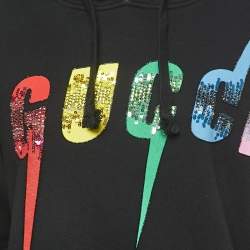 Pre Owned Gucci Black Cotton Sequined Logo Hooded Oversized Sweatshirt XS