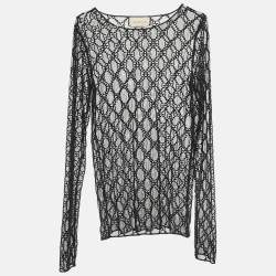 Gucci Black Logo Embroidered Tulle Long Sleeve Top S