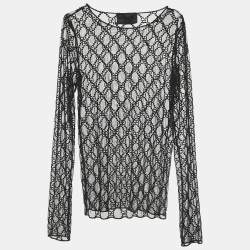 Gucci Black Logo Embroidered Tulle Long Sleeve Top S