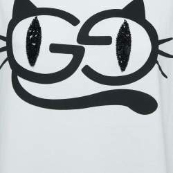 Gucci Off White Cat Eyes Print Cotton Embellished Half Sleeve T-Shirt M