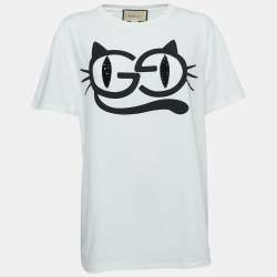 Gucci Off White Cat Eyes Print Cotton Embellished Half Sleeve T-Shirt M