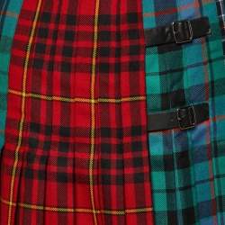 Gucci Multicolor Plaided Wool Leather Trim Pleated Midi Skirt S