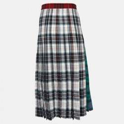 Gucci Multicolor Plaided Wool Leather Trim Pleated Midi Skirt S