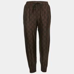 Gucci Brown Logo Print Silk Side Stripe Detailed Drawstring Joggers XS