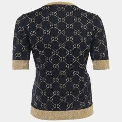 Gucci Navy Blue/Metallic GG Patterned Knit Top XS