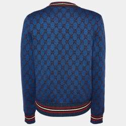 Gucci Navy Blue Lurex Logo Jacquard Knit Button front Cardigan XL