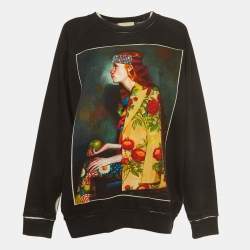 Pre Owned Gucci Black Distressed Cotton Portrait Print Sweatshirt M