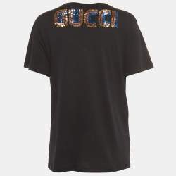 Pre Owned Gucci Black Cotton Sequined Dog Print T-Shirt XS