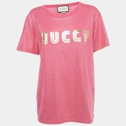 Pre Owned Gucci Pink Logo Printed Cotton Oversized T-Shirt S