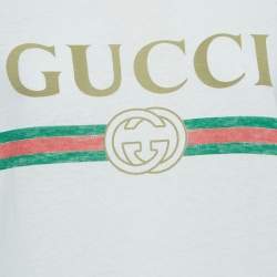 Pre Owned Gucci White Distressed Cotton Logo Print T-Shirt XS