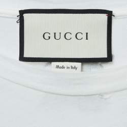 Pre Owned Gucci White Distressed Cotton Logo Print T-Shirt XS