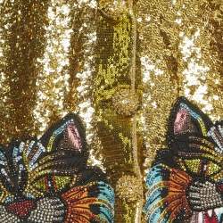 Pre Owned Gucci Gold Sequined Wild Cat Applique Reversible Cardigan L