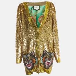 Pre Owned Gucci Gold Sequined Wild Cat Applique Reversible Cardigan L