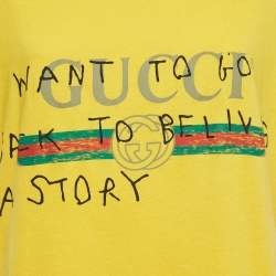 Pre Owned Gucci Yellow Distressed Cotton Graffiti Logo Print T-Shirt XS