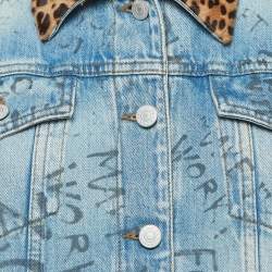 Pre Owned Gucci Blue Printed Cow Fur Trimmed Denim Jacket L