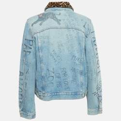 Pre Owned Gucci Blue Printed Cow Fur Trimmed Denim Jacket L