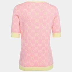 Pre Owned Gucci Pink/Yellow GG Jacquard Knit Cotton Sweater Top L