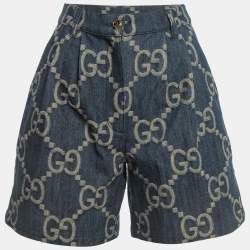 Gucci Dark Blue Jumbo GG Patterned Denim Pleated Shorts S