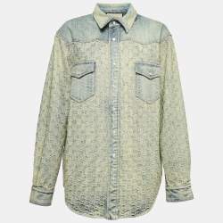 Gucci Blue GG Jacquard Washed Denim Crystal Embellished Shirt XL