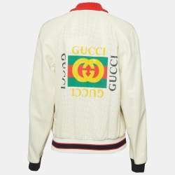 Gucci Cream Logo Print Leather Perforated Detail Bomber Jacket L