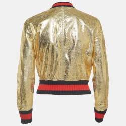 Pre Owned Gucci Gold Crinkled Leather Bomber Jacket S