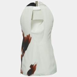 Pre Owned Gucci Off-White Printed Silk Cowl Neck Open Back Top S