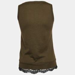 Pre Owned Gucci Olive Green Knit Lace Trimmed Sleeveless Top XS