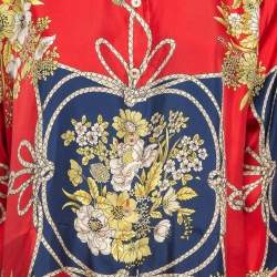 Pre Owned Gucci Red Floral and Tassel Print Silk Oversized Blouse M
