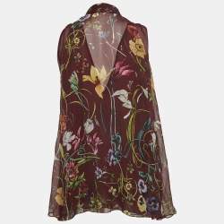 Gucci Burgundy Floral Print Silk Pleated Halter Neck Blouse M