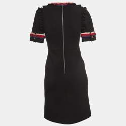 Pre Owned Gucci Black Jersey Web Trim Ruffled Sheath Dress S