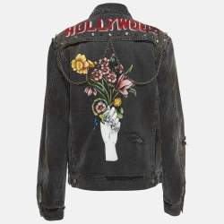 Gucci Grey Distressed Ripped Denim Metal Detail Jacket XL