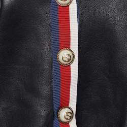 Gucci Black Leather Web Trim Appliqued Button Front Jacket L