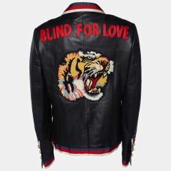 Gucci Black Leather Web Trim Appliqued Button Front Jacket L