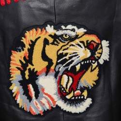 Gucci Black Leather Web Trim Appliqued Button Front Jacket L