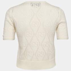 Pre Owned Gucci Cream GG Eyelet Wool Knit Crew Neck Top XS