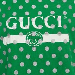 Pre Owned Gucci Green Glitter Polka Dot Logo Print Cotton Crew Neck T-Shirt XS