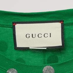 Pre Owned Gucci Green Glitter Polka Dot Logo Print Cotton Crew Neck T-Shirt XS