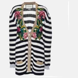 Pre Owned Gucci Monochrome Striped Cashmere & Wool Knit Embroidered Cardigan M