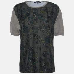 Gucci Olive Green Floral Print Silk & Knit Crew Neck Jumper M