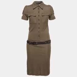 Gucci Green Stretch Crepe Belted Midi Dress S