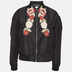Pre Owned Gucci Black Floral Embroidered Synthetic Bomber Jacket M