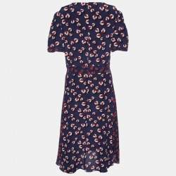 Pre Owned Gucci Navy Blue Printed Silk Flared Midi Dress M