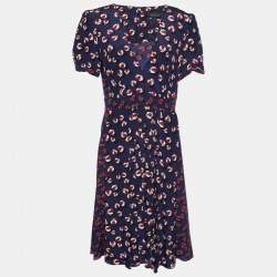 Pre Owned Gucci Navy Blue Printed Silk Flared Midi Dress M