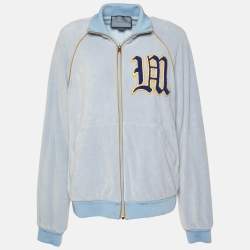 Pre Owned Gucci Blue Embroidered Velvet Zip Up Bomber Jacket S