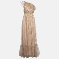 Gucci Beige Dot Embroidered Tulle One Shoulder Maxi Dress M